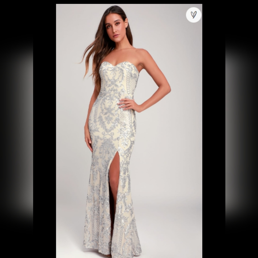 NWT - Bariano - Long Sequined Sweetheart Beige & Silver Dress - Boning in bodice